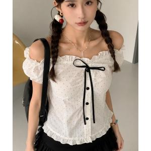 tシャツ 「3色展開」リボンギャザードットオフショルトップス レディース