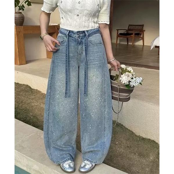 ワイドパンツ ジーンズ デニム デニムパンツ キラキララインストーンデザイン デニムパンツ レディー...