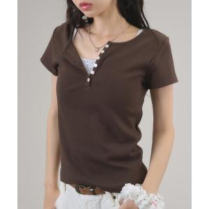 ヘンリーネック tシャツ 半袖 ヘンリーリブTトップス レディース
