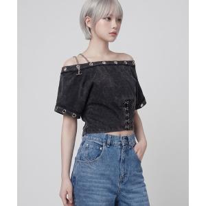 tシャツ 半袖 メタルチェーンアイレットTシャツ レディース