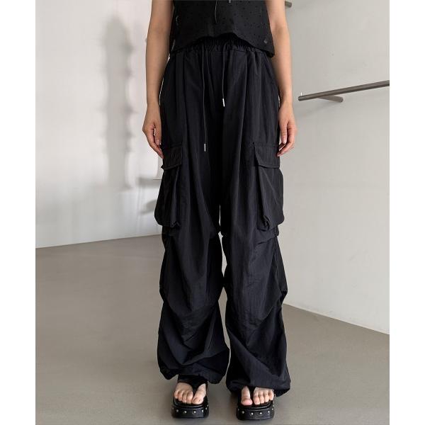 カーゴパンツ 「UNISEX」裾ドロスト ナイロン バンディング カーゴ ワイド パンツ レディース