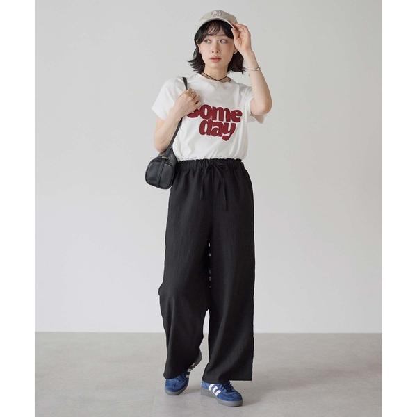 ワイドパンツ パンツ やわらかスラブウェストギャザーワイドパンツ レディース