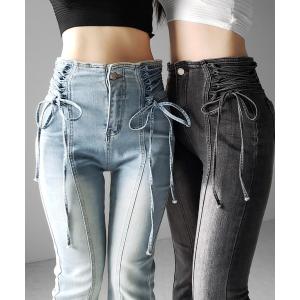 ジーンズ デニム デニムパンツ 「 ２color ／ ３size 」サイドレースアップリボン美脚ストレッチフレアデニム ／ side laceup ribbon slim leg stretch fl…