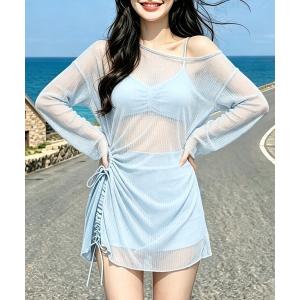水着 体型カバー Y2K シャーリング シアートップス ビキニ リボンビキニ ショートパンツ 体型カバー 温泉水着3点セット レディース