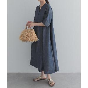 ワンピース リネン混5分袖ミディワンピース