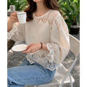 ブラウス シャツ 透け感でつくる、大人の抜け感。 シアーレースボリューム袖トップス レディース