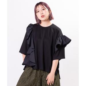tシャツ 半袖 アシンメトリーフリル半袖プルオーバー レディース
