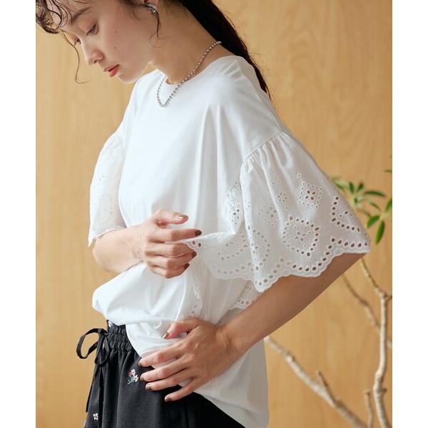 tシャツ 半袖 カットワークレース 袖切替デザインTシャツ レディース