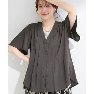 ブラウス シャツ 半袖 「セットアップ可/洗濯機可」サラっと着られる 麻調Vネックタックブラウス レディース