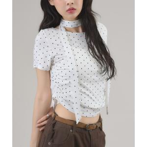 tシャツ 半袖 タイ付きドットTシャツ レディース