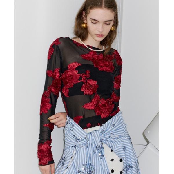 tシャツ Flower embroidery sheer top / フラワーエンブロイダリートップ...