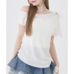 ニット セーター ドット シフォン リボン ニット オフショル トップス（半袖） レディース