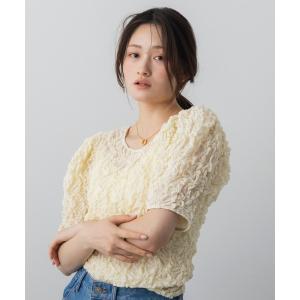 tシャツ 半袖 シャーリングフラワーテクスチャートップス レディース