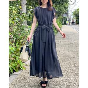 ワンピース 夏 「洗える」袖フリル シフォン ギャザーワンピース