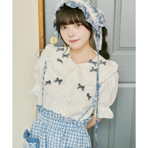 ブラウス シャツ 夏 半袖 「クティールとレトロ」チェックリボンたっぷりフリルブラウス レディース