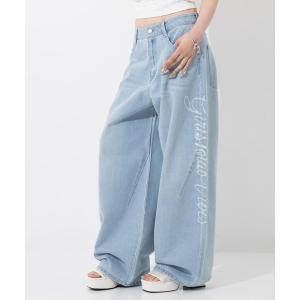 ワイドパンツ パンツ 抜染プリントデニムワイドパンツ レディース