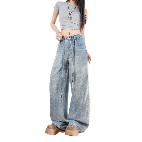 ワイドパンツ ジーンズ デニム デニムパンツ ラインストーン ベルト付き デニムパンツ レディース
