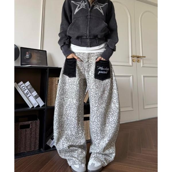 ワイドパンツ パンツ レオパード切り替えワイドデニムパンツ レディース