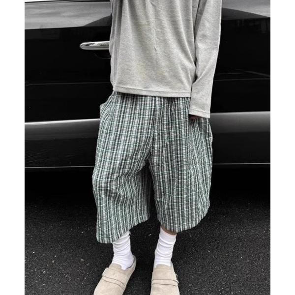 ワイドパンツ パンツ チェックシワシワ 7 分丈バルーンパンツ レディース