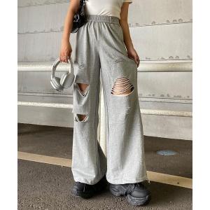 ワイドパンツ スウェットパンツ ジャージ ダメージスウェットワイドパンツ レディース