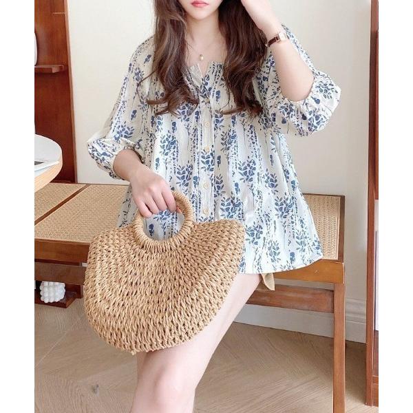 リネンシャツ ブラウス シャツ 総柄フラワー パフスリーブ リネン混 Aライン 5分袖ブラウス レデ...
