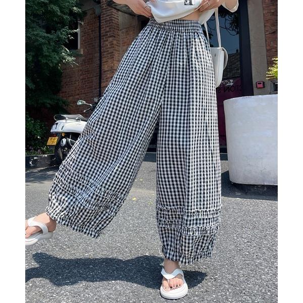 ワイドパンツ ジーンズ デニム デニムパンツ ギンガムチェックバルーンワイドパンツ レディース