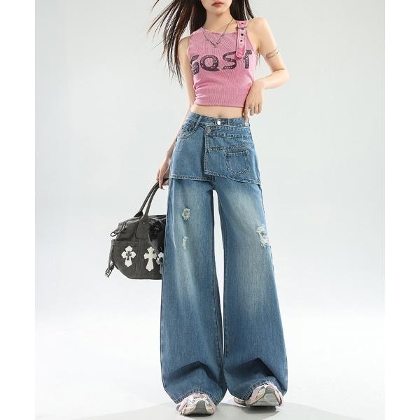 ワイドパンツ ジーンズ デニム デニムパンツ レイヤードデザインワイドデニムパンツ レディース
