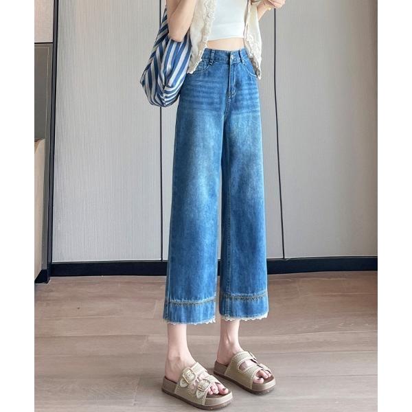 ジーンズ デニム デニムパンツ 裾レース刺繍ストレートデニムパンツ レディース