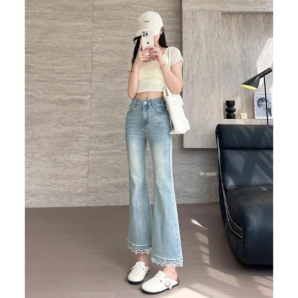 ワイドパンツ ジーンズ デニム デニムパンツ 裾レースフレアデニムパンツ レディース