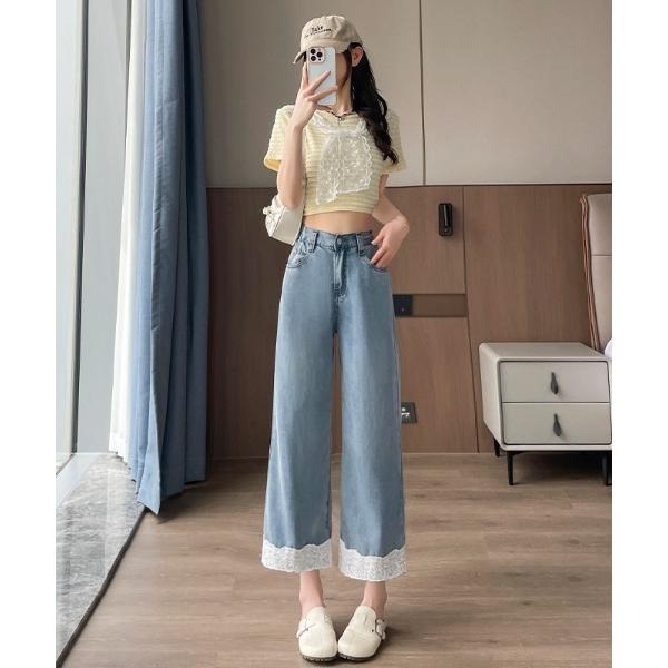 ジーンズ デニム デニムパンツ 裾レースワイドデニムパンツ レディース
