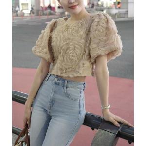 tシャツ 半袖 フラワーレースボリュームトップス レディース