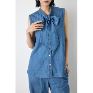 ブラウス シャツ 「セットアップ対応」「身長/骨格別着用画像あり」ライトオンスデニムノースリーブタイブラウス ボウタイ リボン　春服　夏服　秋服