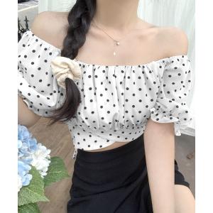 tシャツ 半袖 ドット柄オフショルトップス 2WAY ショート丈 レディース