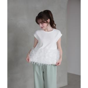 tシャツ 裾FLOWERチュールTee (フレンチ袖) レディース