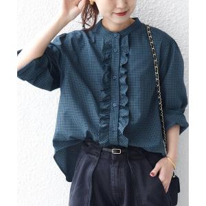 ブラウス シャツ 「WEB限定」「手洗い可能」チェック フリル ロングスリーブ シャツ（グリーン） レディース