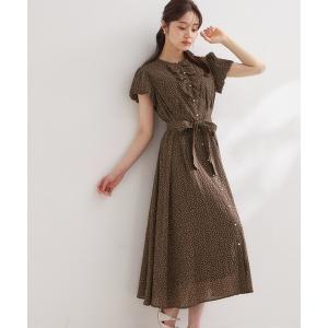 ワンピース 夏 半袖 「洗える」フロントフリル ドット柄ワンピース