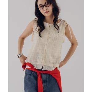 ブラウス シャツ 夏 shirring sleeveless ribbon blouse / ノースリーブシャーリングリボンブラウス レディース