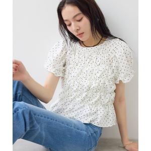 tシャツ 半袖 ドット＆無地アソート シャーリングデザインカットソー レディース