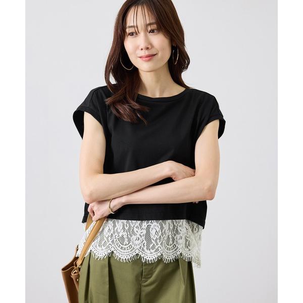 tシャツ 半袖 レースドッキングフレンチスリーブトップス/UVカット・接触冷感・汗染み防止 レディー...