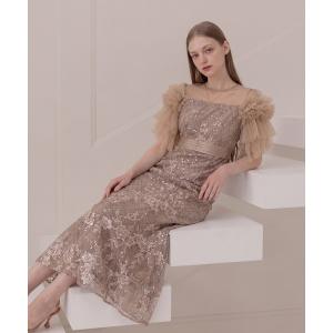 パーティードレス ドレス 「LEJA」フラワースパンコールチュールシアーボリュームスリーブマーメイドワンピースドレス美脚効果結婚式 パーティードレス 成…