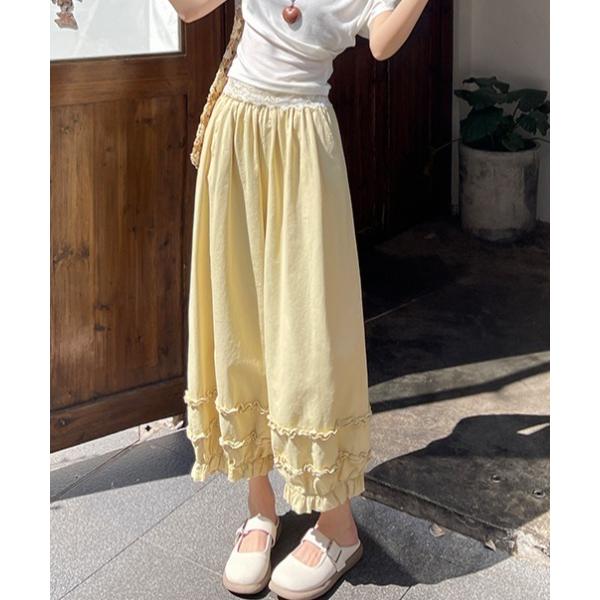 ワイドパンツ パンツ メロウフリル 裾シャーリング ウエストゴム バルーンパンツ レディース