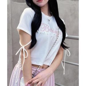tシャツ ビジュー飛ばし袖リボンレースロゴTシャツ レディース