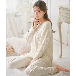 もこもこ パジャマ ルームウェア 「ハラマキ付」もっちりふわふわケーブルニット上下セット レディース