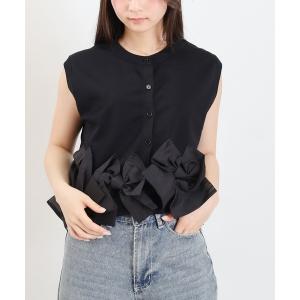 カーディガン 裾リボンモチーフ ノースリーブカーディガン(ボーダー/無地) レディース