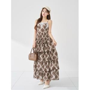 ワンピース バイヤスチェックシフォンティアードロングワンピース