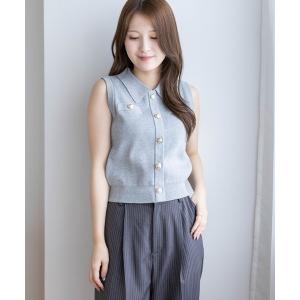 ニット セーター ゴールドボタンノースリーブニットトップス「骨格ウェーブ／きれいめ／上品／フェミニン／大人カジュアル」 レディース