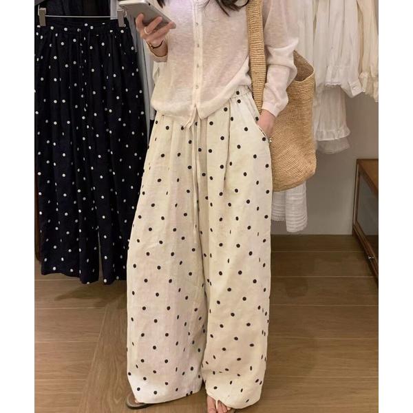 パンツ ドット柄リネンライクワイドフレアイージーパンツ レディース