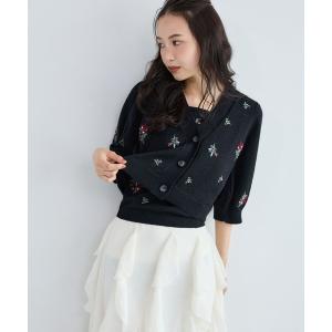 カーディガン 夏 フラワー刺繍ニットカーディガン5分袖　1061808 レディース
