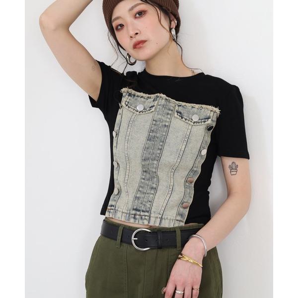 tシャツ 半袖 デニムビスチェドッキングTシャツ半袖カットソー レディース