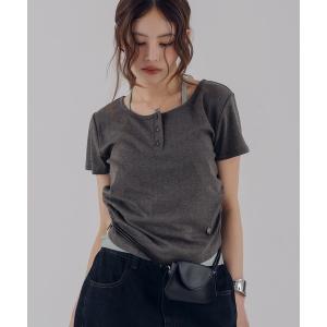 ヘンリーネック tシャツ 半袖 eyelet henry neck gather top ＆ halter neck top set / アイレットヘンリーTシャツセット レディース